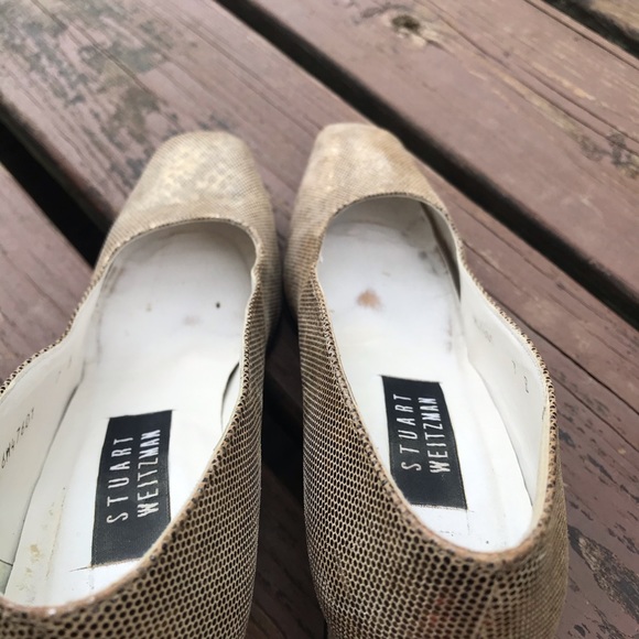 Stuart Weitzman Snake Print Heels Block Heel Gold & Brown Size 7 - Picture 13 of 16